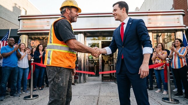 Politician shaking hands with construction worker at diner grand opening.
