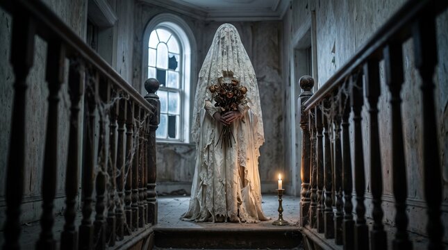 Spooky ghost bride standing in abandoned haunted house hallway