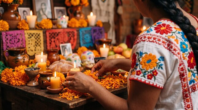 Mexican woman decorating a Day of the Dead ofrenda with marigolds and candles.