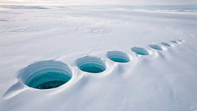 Beautiful Blue Ice Holes Formed Naturally in a Snowy Polar Landscape Under Clear Sky