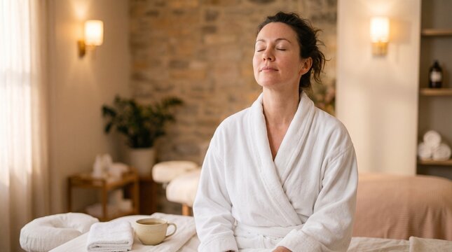 Relaxed woman in white bathrobe meditating during wellness spa day treatment.