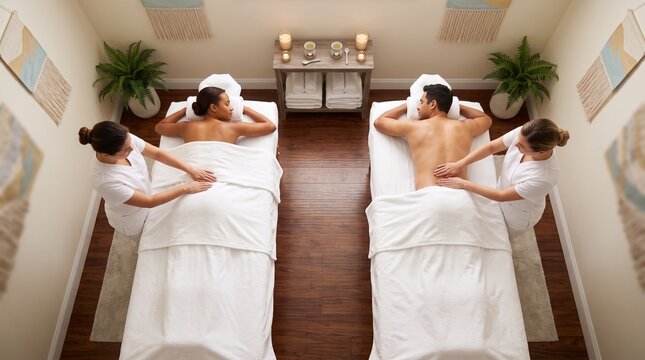 Diverse couple receiving back massage from masseuses in luxury spa resort.