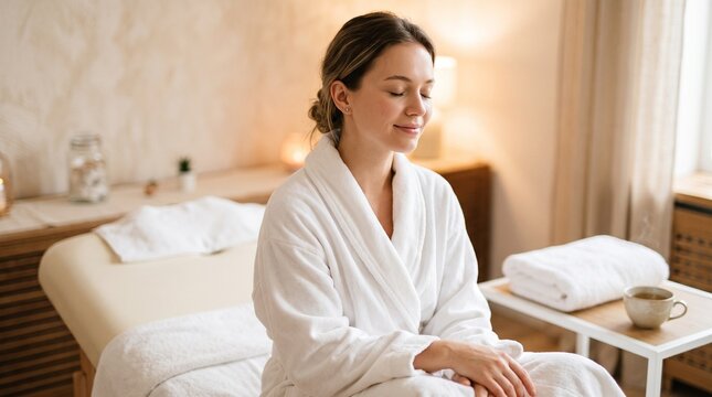 Young woman in bathrobe sitting peacefully in a luxury spa salon.