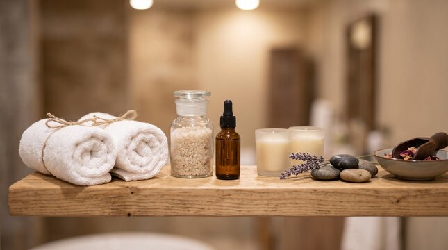 Essential oil bottle, bath salts, and towels arranged on wooden shelf for spa treatment.