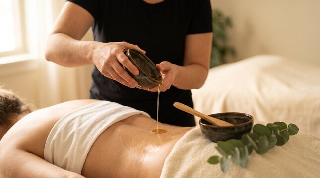 Massage therapist pouring essential oil on woman back during spa treatment.