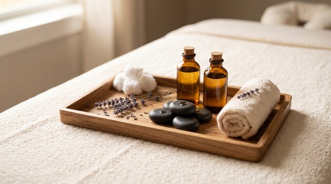 Aromatherapy oil bottles and hot stones on wooden tray for spa massage.