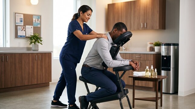 Female therapist giving chair massage to businessman in modern office
