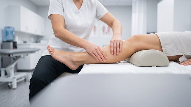 Physiotherapist massaging patient leg during rehabilitation therapy in clinic