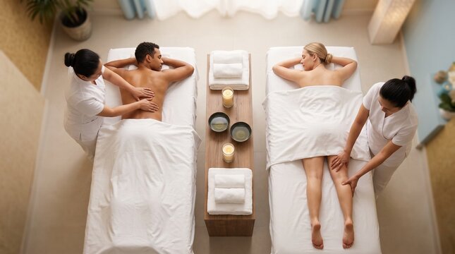 Diverse couple receiving relaxing massage at luxury wellness spa