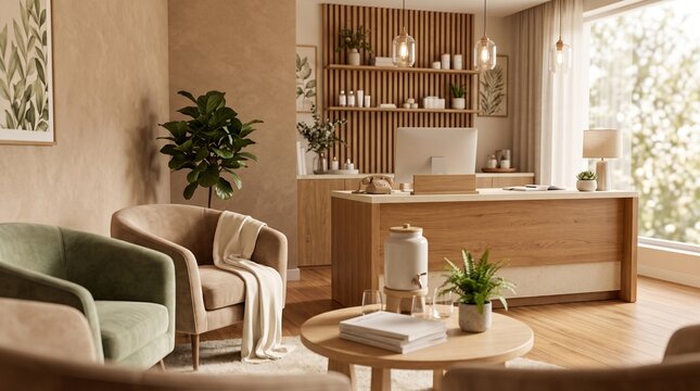 Modern wellness spa reception desk with cozy waiting area and plants
