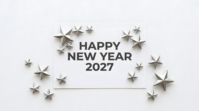 Happy new year 2027 text on white background decorated with silver stars