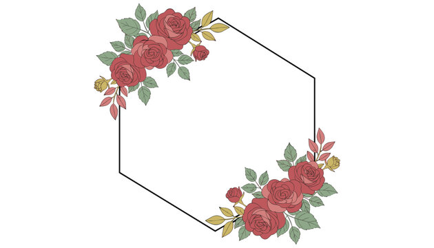 Romantic hexagonal frame decorated with beautiful red rose floral arrangements and green leaves in two opposite corners for weddings.