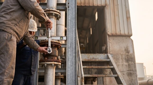 Industrial workers inspecting a flanged pipe with torque wrench