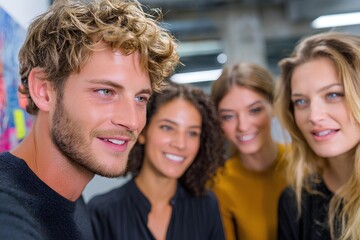 Obraz premium Diverse small team of office workers engaged in collaborative discussion, showcasing teamwork and creativity in a modern workspace with vibrant decor and a positive atmosphere