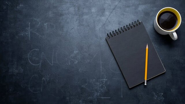 A black spiral notebook with a yellow pencil and a white cup of black coffee placed on a dark textured chalkboard surface with faint chalk writings in the background, for a school, or study theme