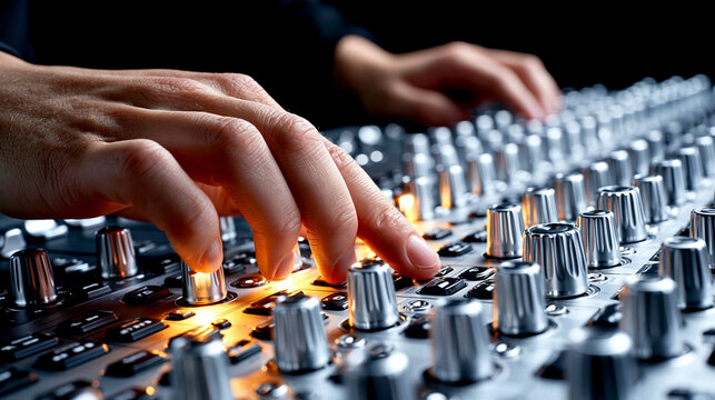 Close-up of human hands operating a mixing console knob