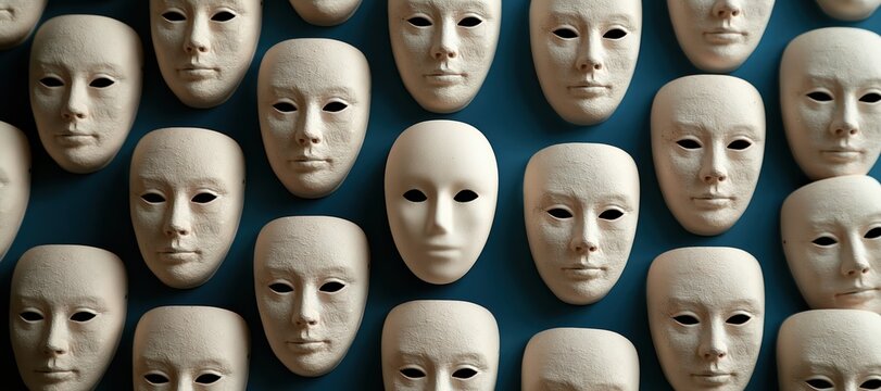Identical plain masks facing central differently oriented mask symbolizing social conformity