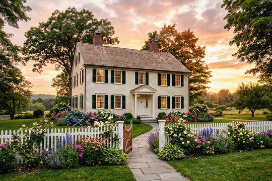 A beautiful New England style colonial house at sunset