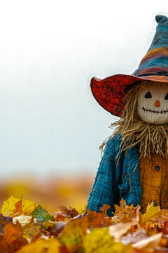 A scarecrow in a field of fall foliage, perfect for harvest or autumn themed designs. vertical frame