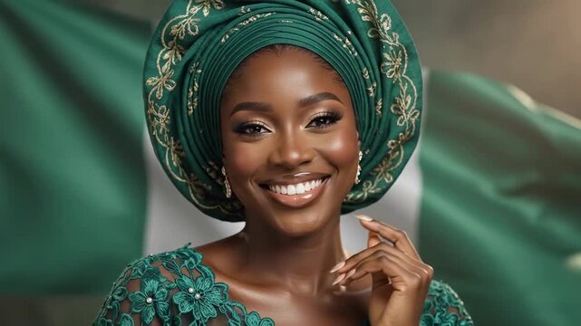 Elegant portrait of a smiling woman wearing emerald gele on Nigerian Independence Day with vibrant flag background. Nigerian Independence Day celebration showcases cultural fashion and elegance.
