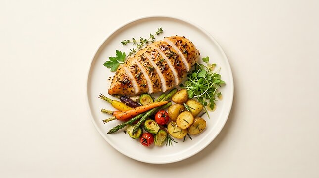 Roasted chicken breast slices served with grilled carrots and potatoes on a round ceramic dinner plate. Kosher cuisine