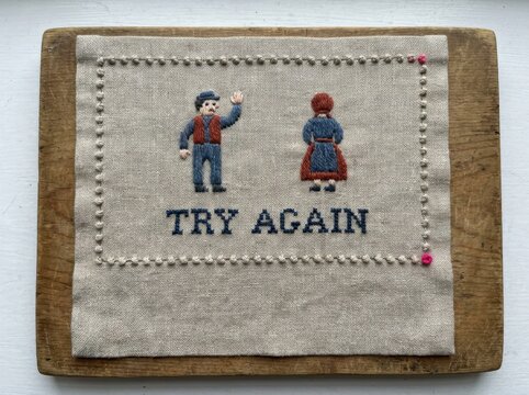 Handmade Embroidery Sampler with Try Again Message on Linen and Wood