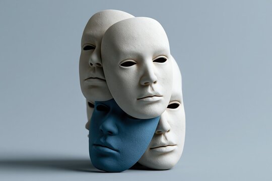 Stack of blank ceramic masks with one blue mask partly hidden beneath