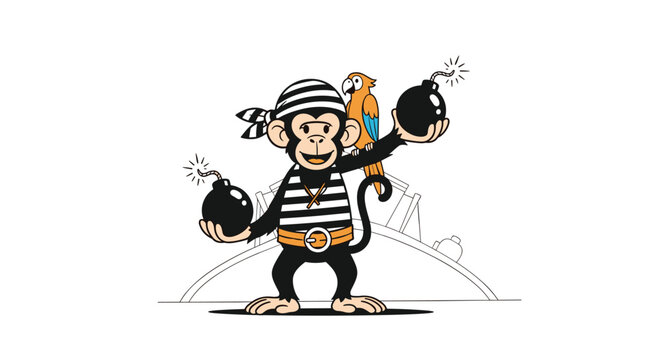 Funny monkey dressed as a pirate holding two black bombs with a parrot sitting on its shoulder and a ship in background.