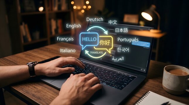 Person using laptop with digital language translation interface