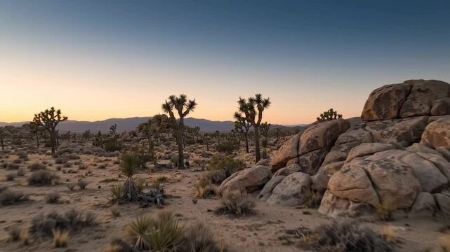 Joshua tree national park sunset landscape: scenic desert wilderness with iconic yucca trees and boulders at golden hour