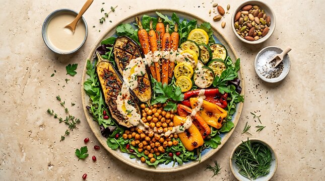 Healthy roasted vegetable salad bowl with grilled carrots eggplant and chickpeas on a light green table. Kosher cuisine