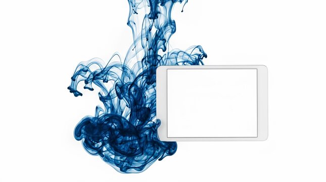 Mockup of generic white tablet computer with blank white screen surrounded by abstract dark blue ink swirls in water on isolated white background for creative technology concepts.