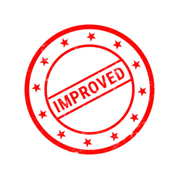 Red improved rubber stamp on white background, round grunge certification seal, textured quality assurance stamp for business packaging
