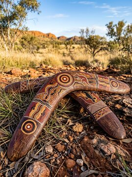 Two traditional wooden boomerangs decorated with Australian Aboriginal dot art resting on red outback rocky ground with arid landscape background at sunset