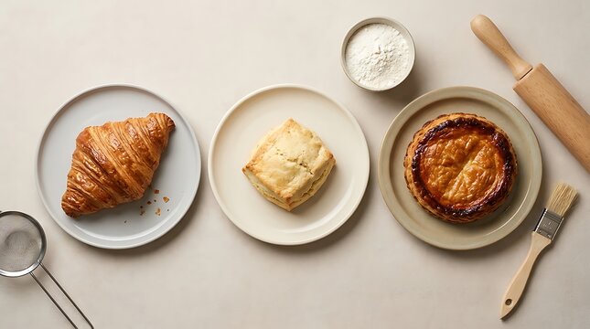 Fresh croissant square cake and chocolate tart on plates with baking tools on a flat lay table surface. beginner pastry guide