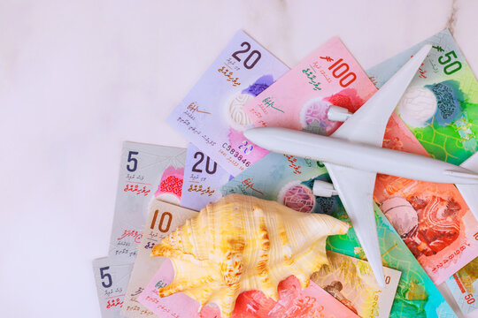Maldives rufiyaa cash currency travel model airplane with seashell