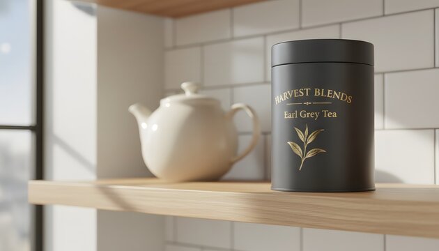 Modern black earl grey tea tin on kitchen shelf beside ceramic teapot bathed in soft morning sunlight for cozy breakfast and organic beverage lifestyle concept