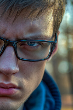 A person wearing glasses and a blue jacket, possibly a casual outfit. vertical frame