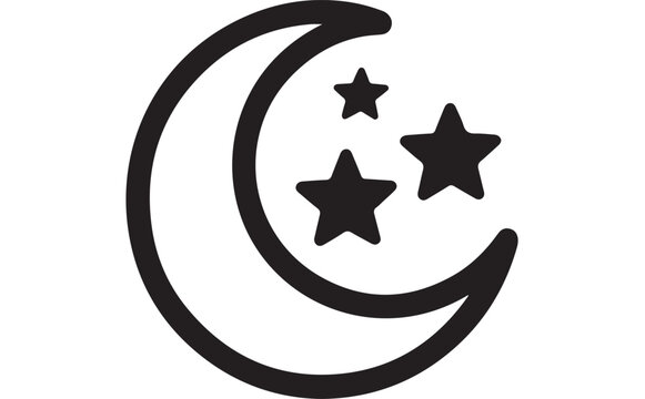 Minimalist crescent moon vector illustration featuring two simple decorative stars rendered in a clean flat black solid graphic design style