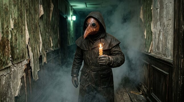 Plague doctor holding a burning candle in a dark smoky hallway.