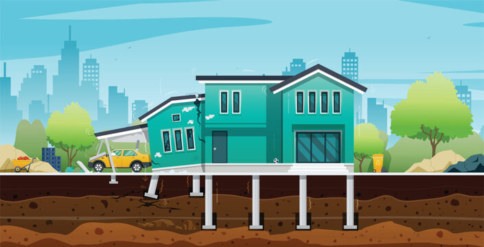 A substandard house extension is sinking and crumbling.