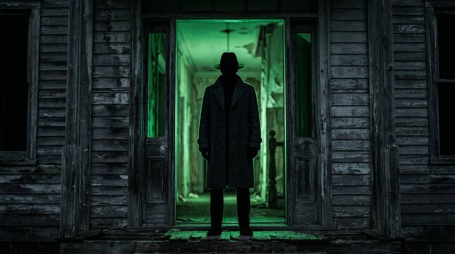 Silhouetted mysterious man standing in doorway of dark house with green light