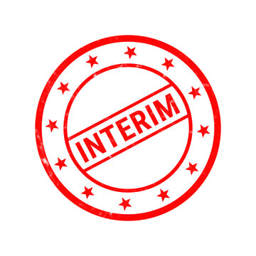 Interim rubber stamp icon, red grunge seal with stars, temporary business status sign on white background