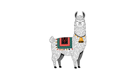 Fototapeta premium Charming hand-drawn illustration of a white llama standing with a colorful patterned blanket and a golden bell around its neck.