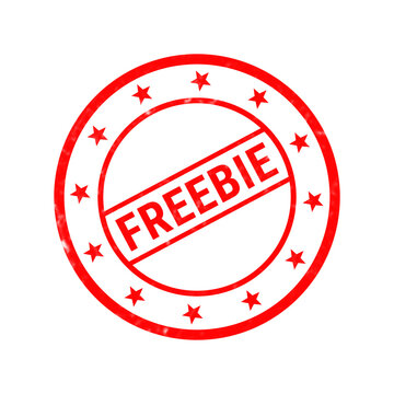 Red freebie rubber stamp icon, distressed circular ink stamp with stars, promotional marketing badge on white background