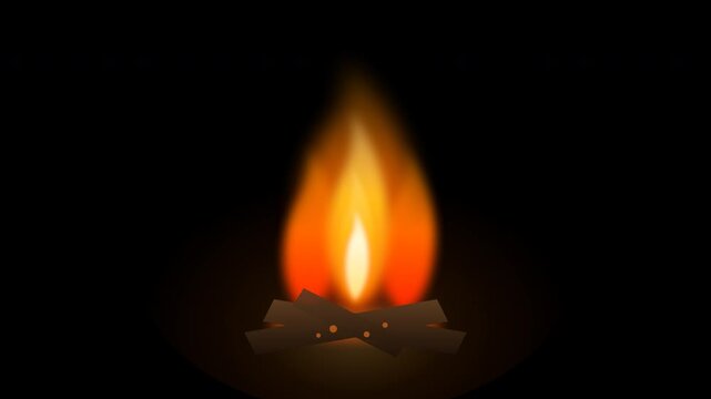 Animated fireplace with a warm orange flame burning over glowing logs in the dark