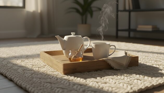 Steaming hot ceramic mug and teapot placed on wooden tea tray on knit rug in a sunlit living room for morning relaxation and peaceful home hygge wellness concept