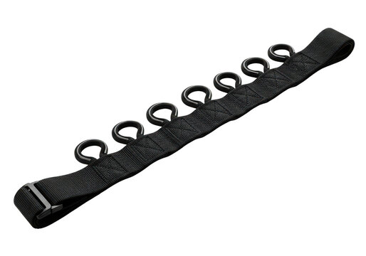 Black weightlifting strap with multiple metal D-rings for grip strength training and exercise.