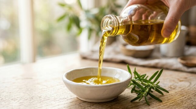Healthy extra virgin olive oil pouring into a bowl