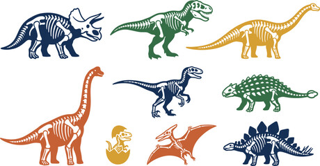 Colorful Dinosaur Silhouette Vector Set with Interior X-Ray Skeleton Bones Featuring T-Rex Stegosaurus Triceratops Brachiosaurus and Pterodactyl for Kids Graphic Designs © MstAkhlima